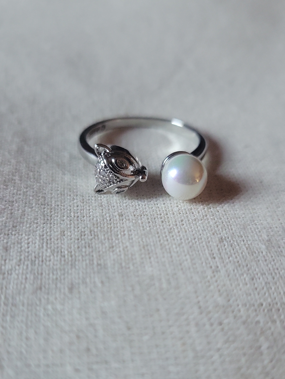 White Gold Plated Adjustable Open Ring with Faux White Pearl and Animal Accent